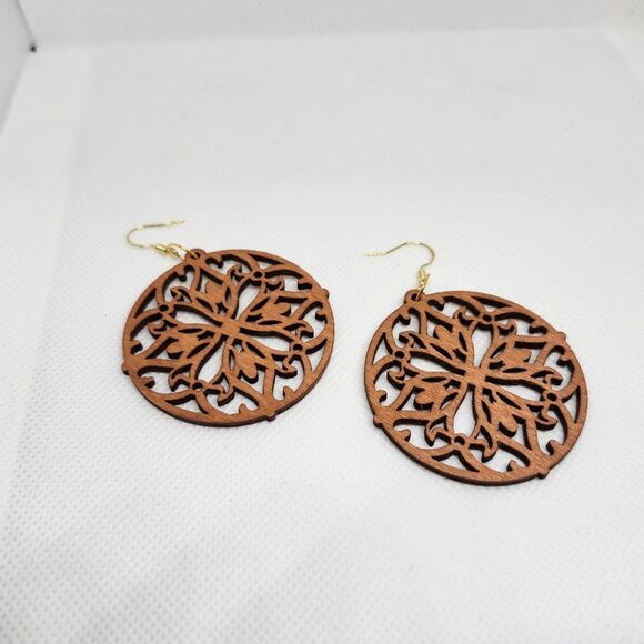 Bohemian Floral Circular Wood Dangle Earrings Chandelier Sterling Silver Hook - Picture 4 of 7